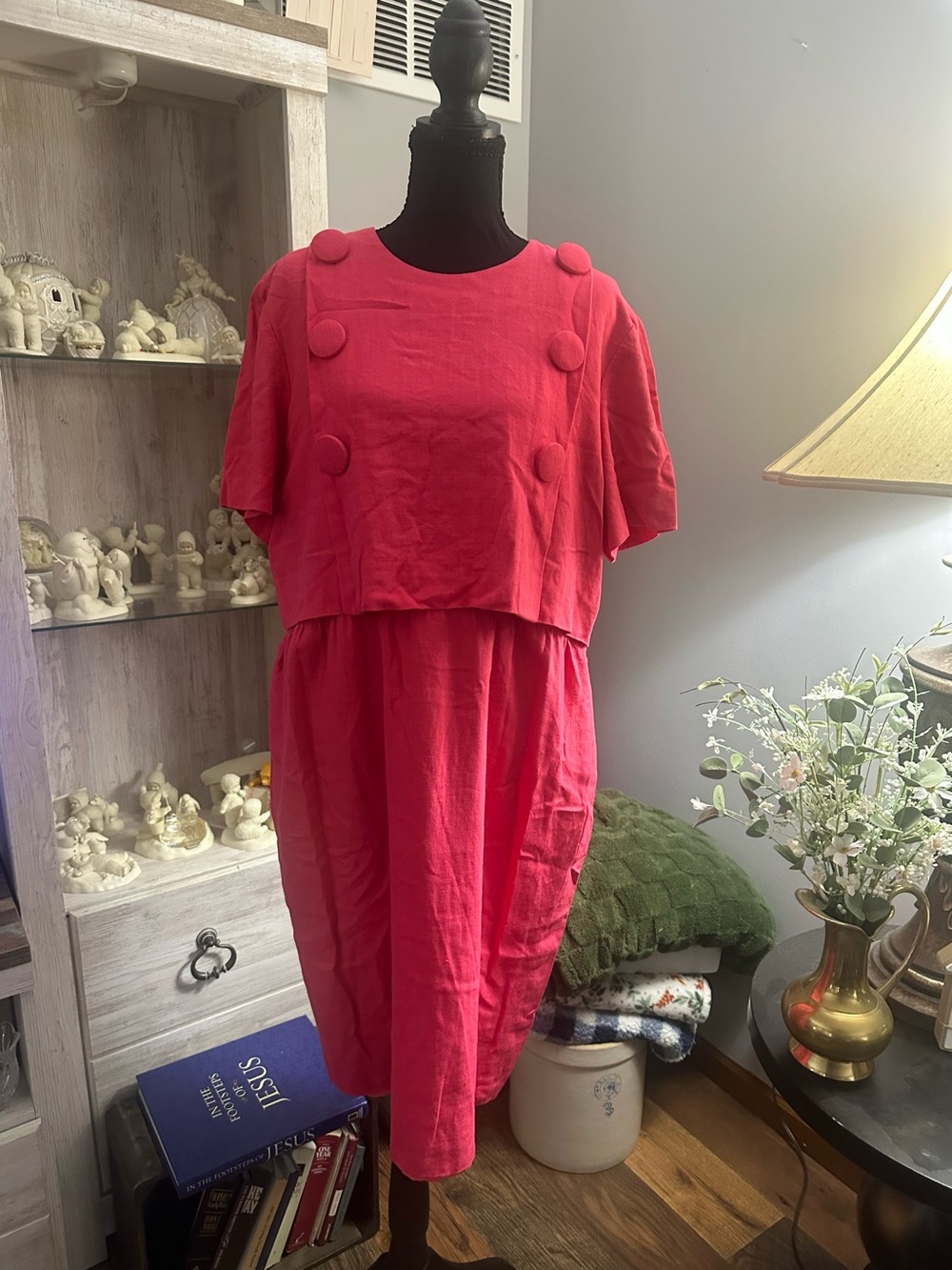 Talbots Bright Pink Short-Sleeve Midi Dress with Button Accents